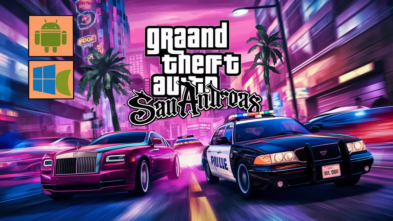 A vibrant and colorful thumbnail featuring Comprehensive Guide to Downloading GTA San Andreas: APK, OBB, and Mods for Android, Windows, and iOS