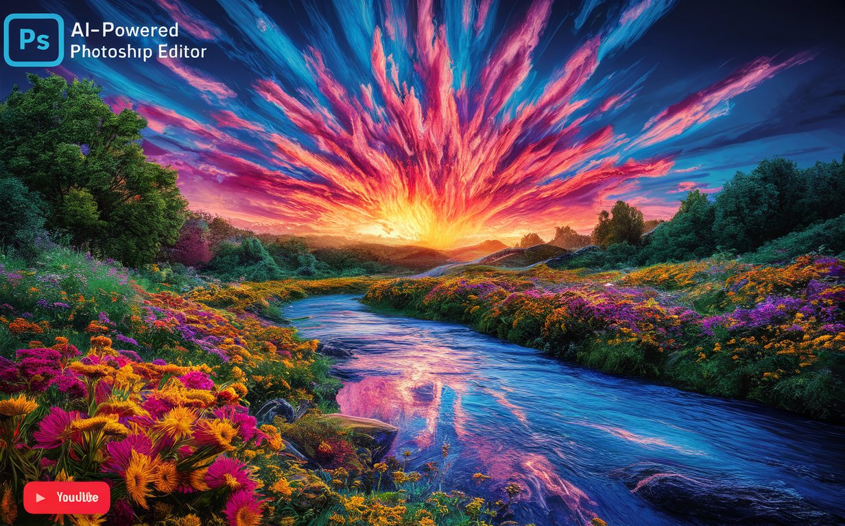 A captivating thumbnail for a YouTube video showcasing a Photoshop AI Photo Editor. In the image, a stunning and dramatic transformation is shown, where a simple outdoor landscape has been transformed into a breathtaking, vibrant, and surreal scene. The sky is now filled with a vivid, colorful sunset, and the landscape has been enhanced with lush greenery and bright blooming flowers. A dynamic river sparkles with shimmering reflections, and the entire scene exudes a sense of wonder and creativity.